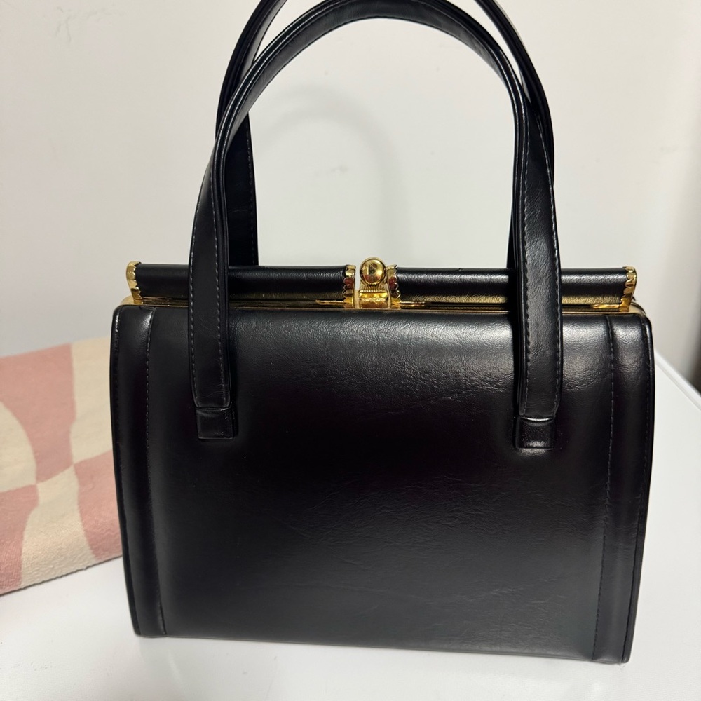 Vintage  Black Leather Top-Handle Bag with Gold Hardware